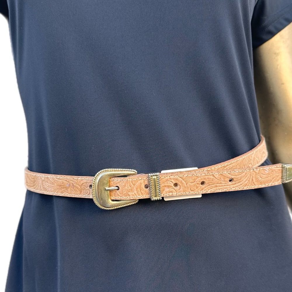 Vintage Man-made materials floral embossed Tan Belt-brass tone buckle